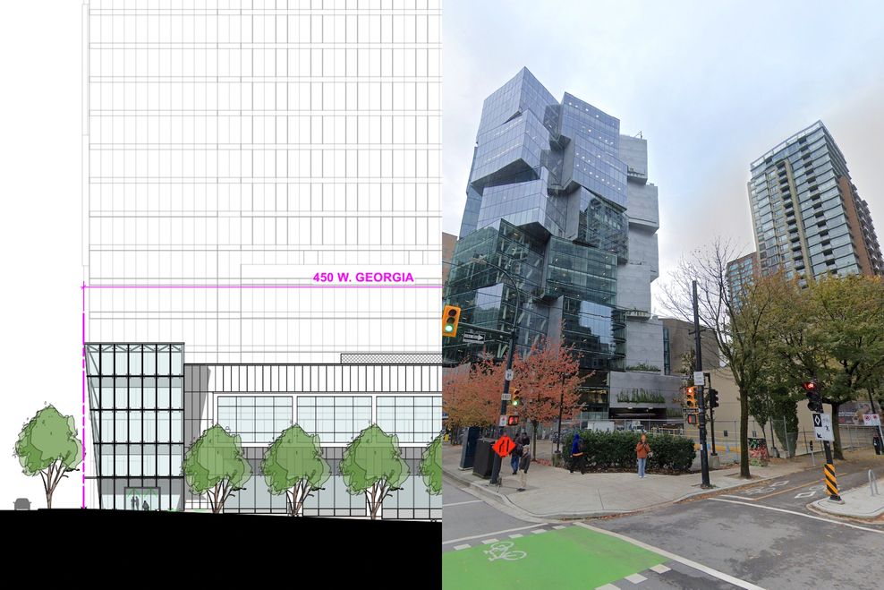 2026 concept of a two-storey grocery store and pharmacy building at 450 West Georgia St., Vancouver. (W.T. Leung Architects/Austeville Properties | Google Maps)
