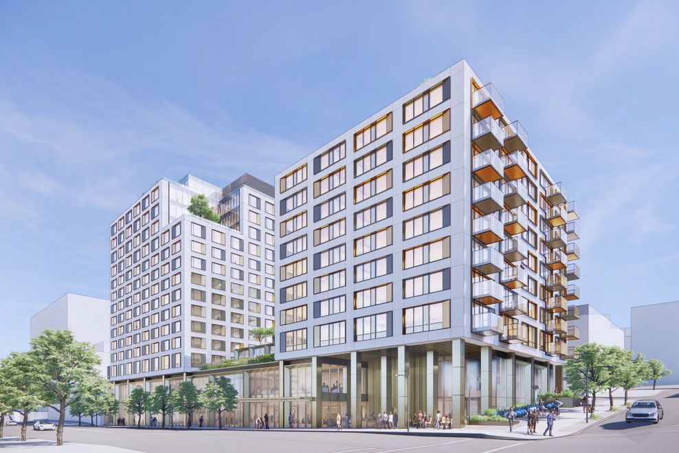 2025 concept of 888 West Broadway, Vancouver, with the Hilton hotel and rental housing. (Henriquez Partners Architects/Bosa Properties)