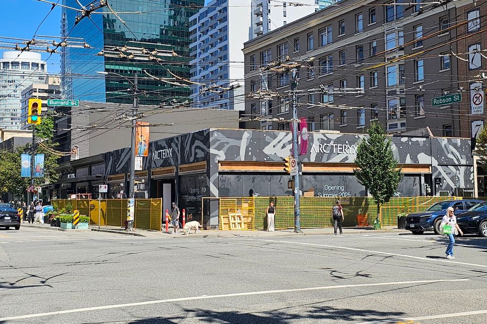 Construction progress on the new Arc'teryx flagship store at 1001 Robson St., Vancouver, as of July 11, 2025. (Kenneth Chan)