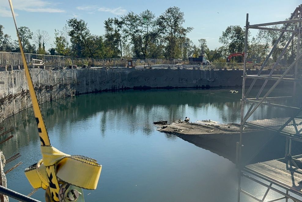 Standing water has filled the excavation pit at Wesgroup’s cancelled Ardea project in the River District. (Supplied)