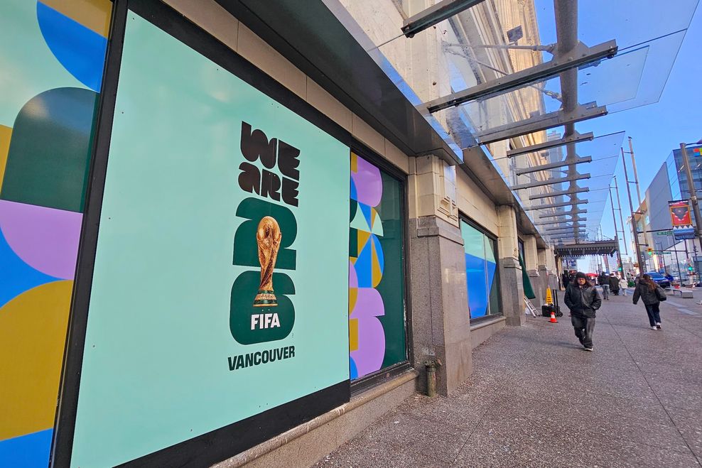 Vancouver's first FIFA World Cup decorations go up at former Hudson's Bay building