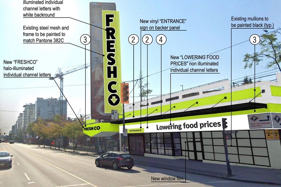 Concept of the new FreshCo grocery store replacing the former Toys 'R' Us space at 1154 West Broadway, Vancouver. (WA Architects/FreshCo)