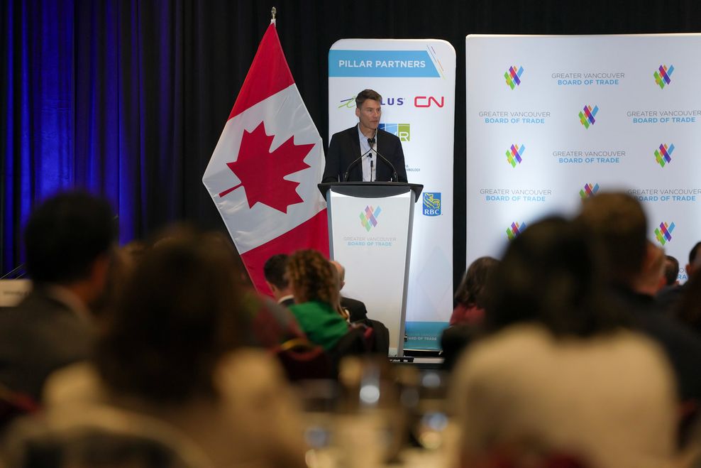 Federal housing minister Gregor Robertson speaking at the Greater Vancouver Board of Trade event on Feb. 20, 2026. (Greater Vancouver Board of Trade)
