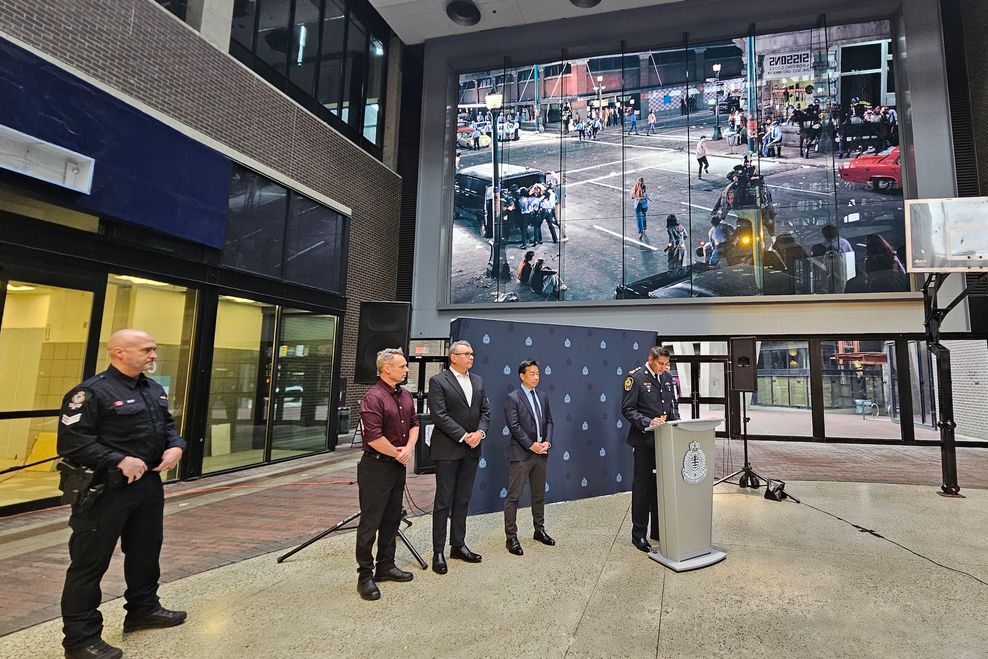 Press conference on Feb. 26, 2026 announcing Vancouver Police Departments' (VPD) new training academy at the former London Drugs store space at Woodward's. (Kenneth Chan)