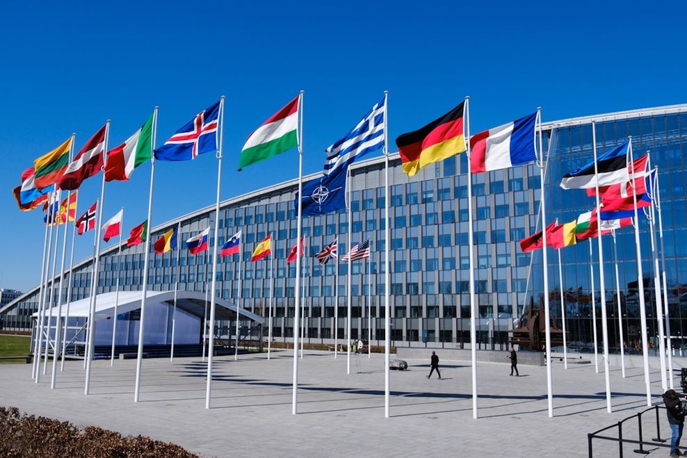 Member nation flags at the NATO headquarters in Brussels, Belgium.(Alexandros Michailidis/Shutterstock)