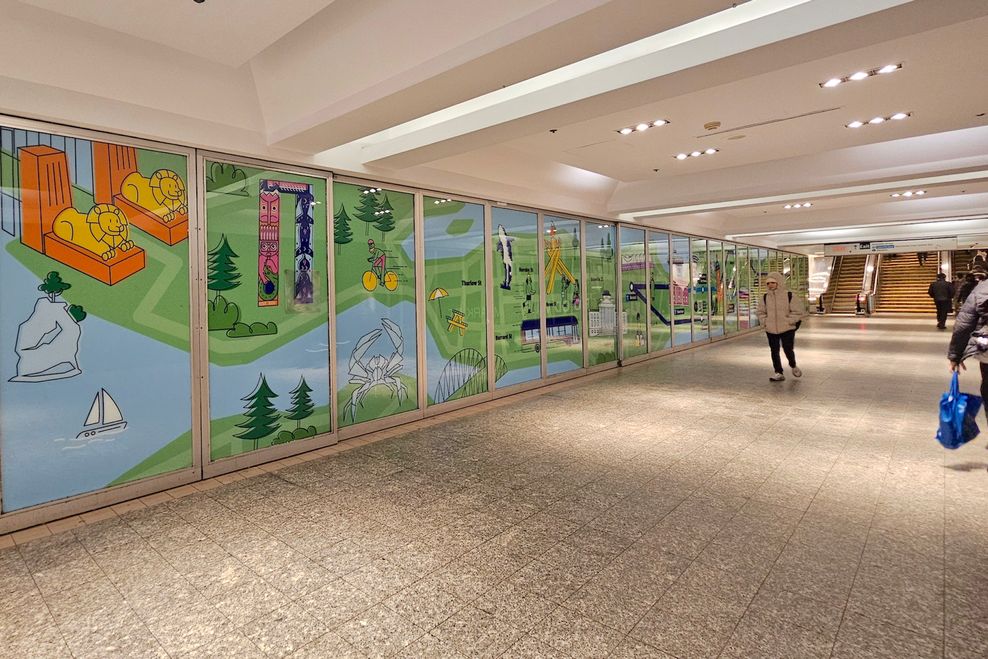 New civic pride mural for the former Hudson's Bay lower underground level storefront at SkyTrain's Granville Station. (Kenneth Chan)