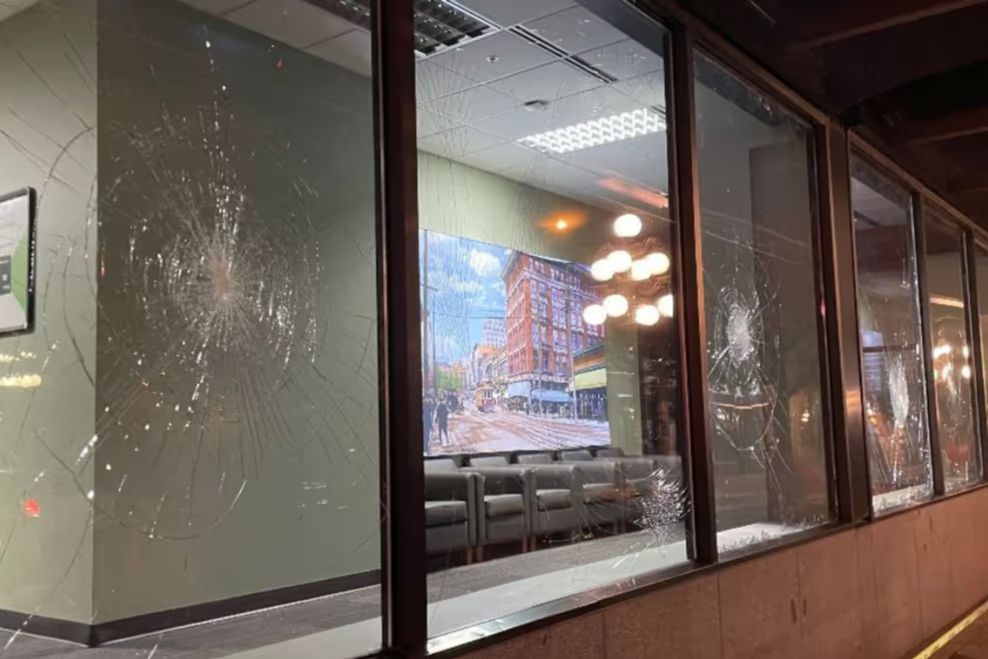 Smashed windows at TD Bank in Woodward’s, October 2022. (Submitted)