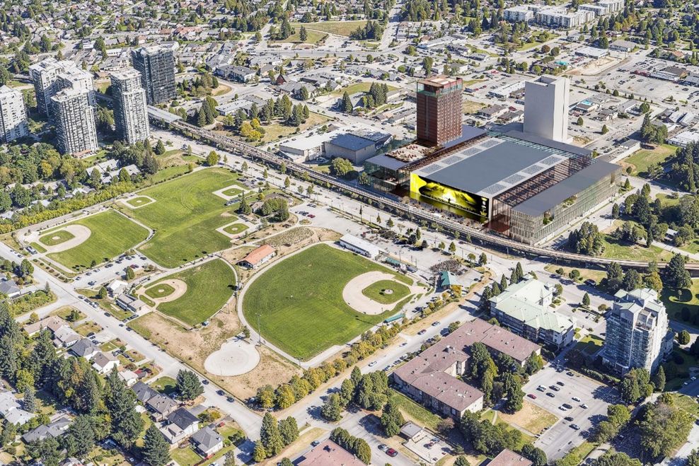 Preliminary conceptual design of the new 10,000-seat arena, hotel, conference centre, and commercial space project at the site of BC Lions' training facility in Surrey City Centre. (Perkins&Will/City of Surrey)