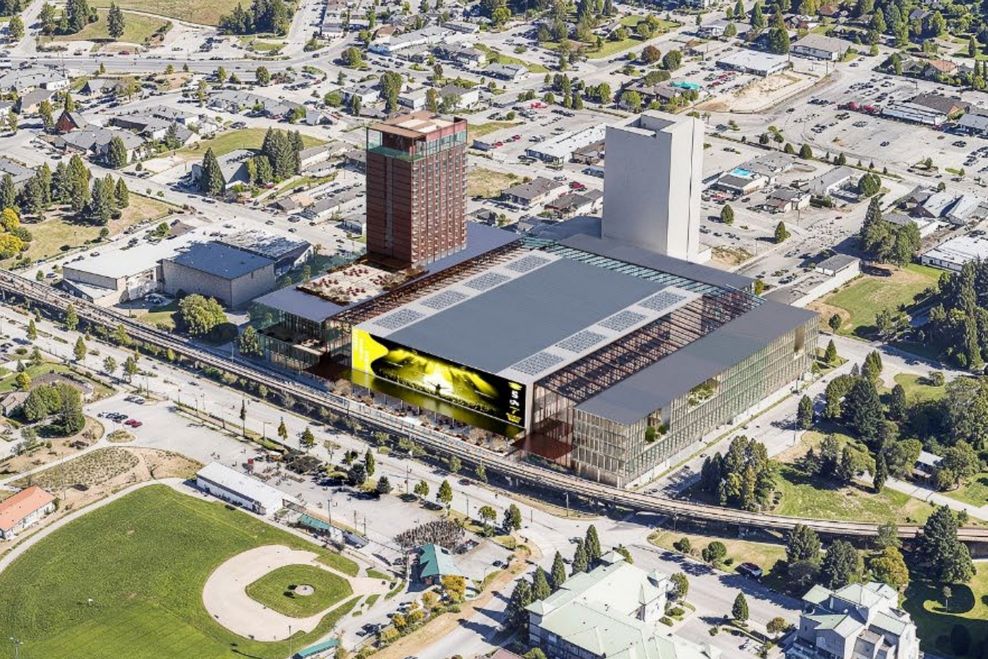 Preliminary conceptual design of the new 10,000-seat arena, hotel, conference centre, and commercial space project at the site of BC Lions' training facility in Surrey City Centre. (Perkins&Will/City of Surrey)