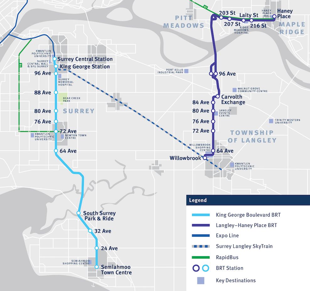 translink brt bus rapid transit route map king george boulevard langley haney place